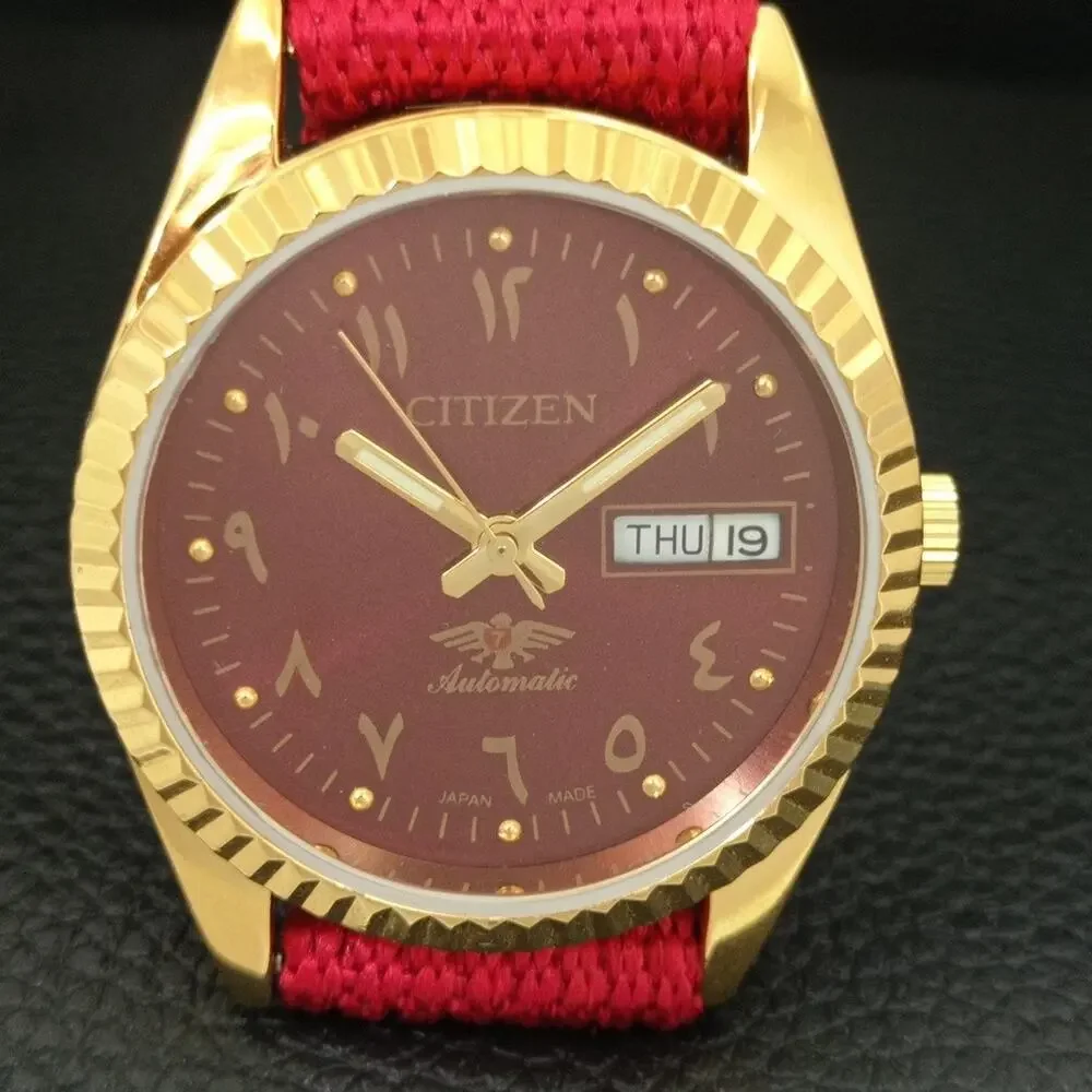 Vintage 1987 Citizen Automatic Mens Gold Watch W/daydate & Red accents